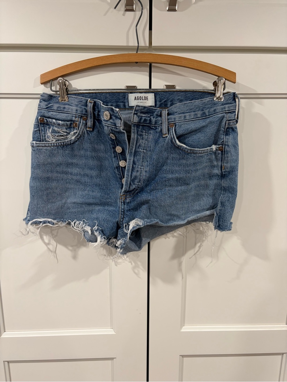 Agolde Light Blue Distressed Denim Cutoff Shorts